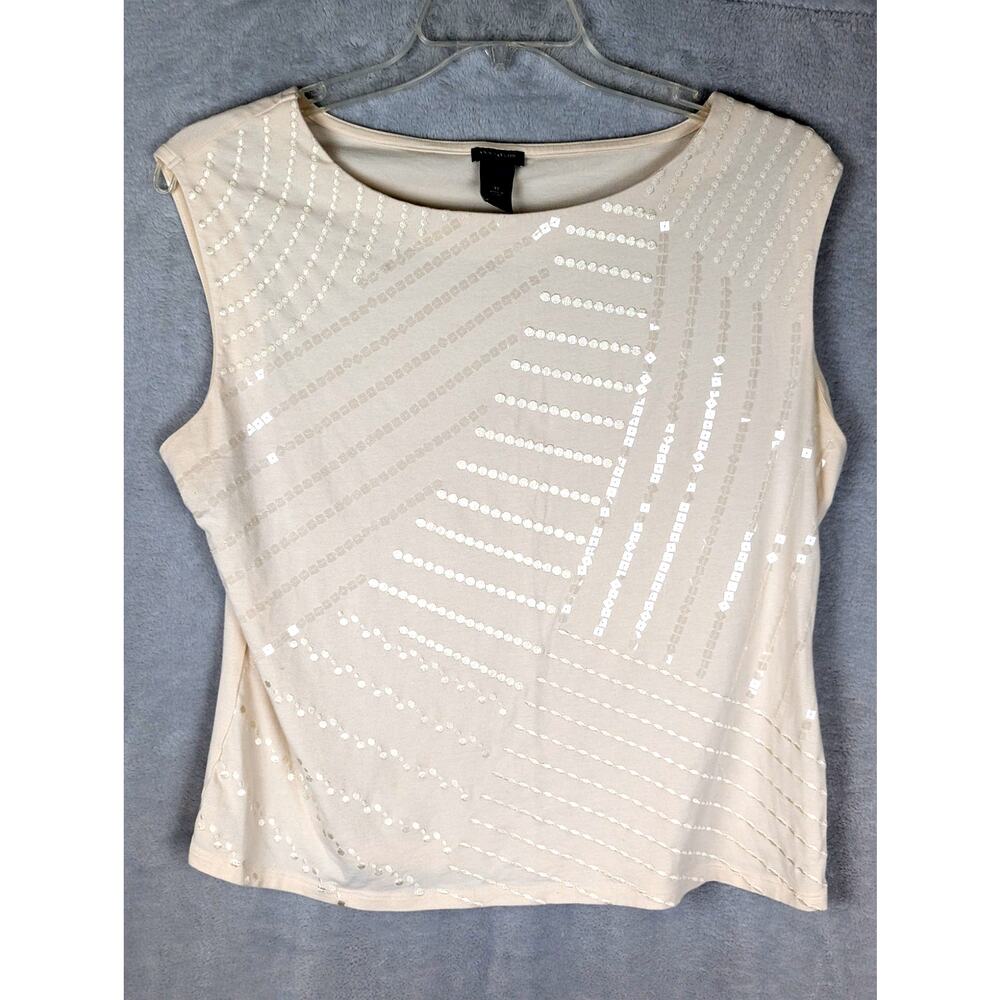 Ann Taylor XL Ivory Silk Feel Sleeveless Top Sequin Floral Embroidery Shell EUC